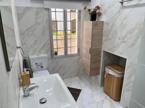 baño con lavabo y aseo y ventana en Luxurious 1-Bedroom Guesthouse en Aglantzia