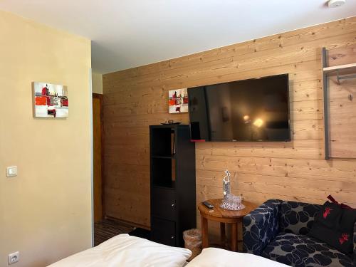 a living room with a couch and a television on a wall at Maier Pension in Bayerisch Eisenstein