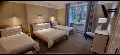 a small room with two beds and a window at Salamander Guest House in Stratford-upon-Avon