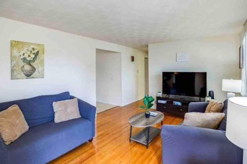 a living room with a blue couch and a tv at {Hot Tub in Ranch} Mins to Airport/UofR/Strng/Dwtn in Rochester