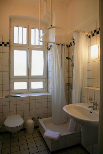 ein Bad mit einem Waschbecken, einer Dusche und einem WC in der Unterkunft Villa Daheim - FeWo 03 in Ostseebad Kölpinsee