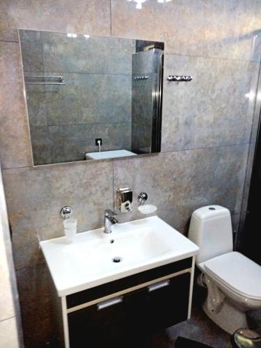a bathroom with a sink and a toilet and a mirror at White House in Bălţi