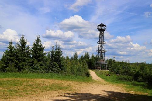a dirt road with a clock tower in the distance at APARTMÁN POHODA in Svatava