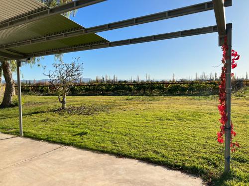 a field of grass with awning and a tree at Cabaña 1920 - frente a viñedo in San Rafael