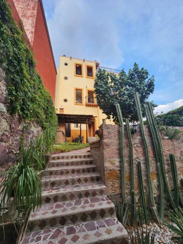 una escalera que conduce a un edificio con cactus en Casita Privada del Chan, en Guanajuato