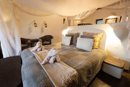 a bedroom with two dogs laying on a bed at Nyati Safari Lodge in Hoedspruit