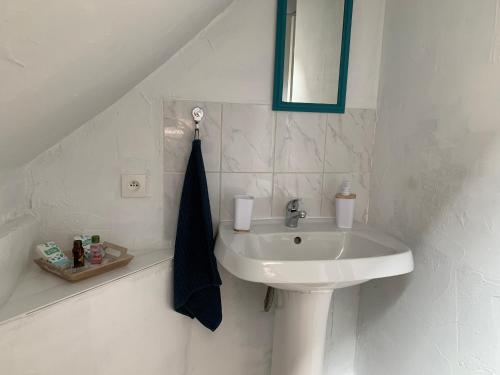 a white bathroom with a sink and a mirror at Le Bas Chesnay Chambres D'Hotes Domfront en Poiraie in Domfront