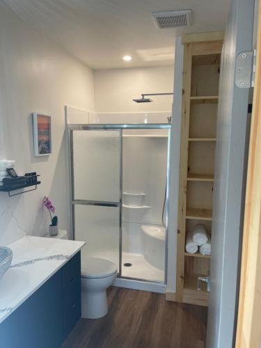 uma casa de banho com uma cabina de duche em vidro e um WC. em Evo Luxury Waterfront Adults Only B&B em Tobermory
