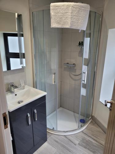 a bathroom with a shower and a sink at O'Connors Bar Restaurant and Guesthouse in Dromore