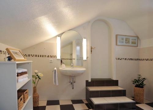 a bathroom with a sink and a mirror at Haasehof in Sittensen