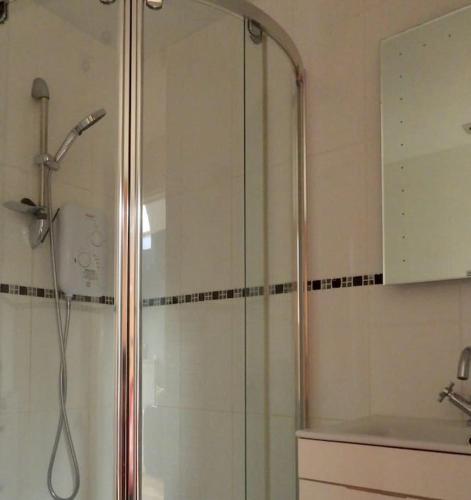 a shower with a glass door in a bathroom at Nature's Oasis: Pet-Friendly Snowdonia Cottage in Trawsfynydd