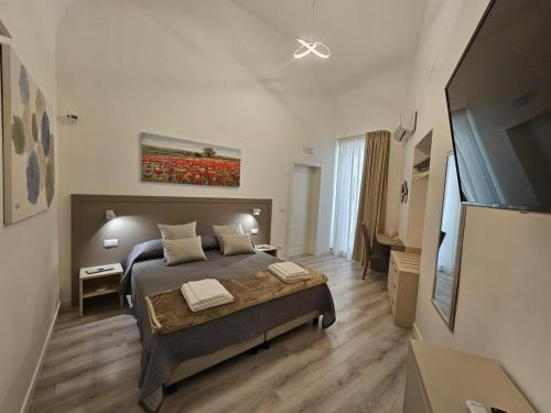 a bedroom with a bed and a flat screen tv at City Rooms Katane in Catania