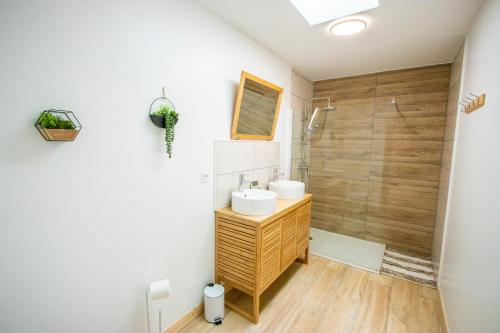 a bathroom with a sink and a shower at Gîte du Montagut in Thézan-des-Corbières