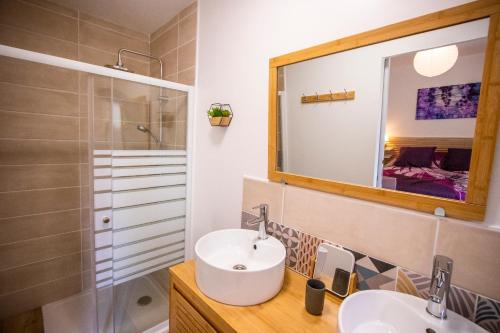 a bathroom with a sink and a shower and a mirror at Gîte du Montagut in Thézan-des-Corbières
