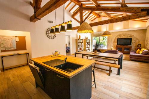 a kitchen with a sink and a living room at Gîte du Montagut in Thézan-des-Corbières