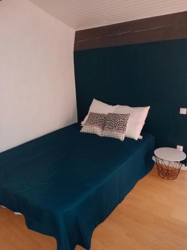 Le Soler的住宿－maison cosy，一张蓝色的床,上面有两个枕头