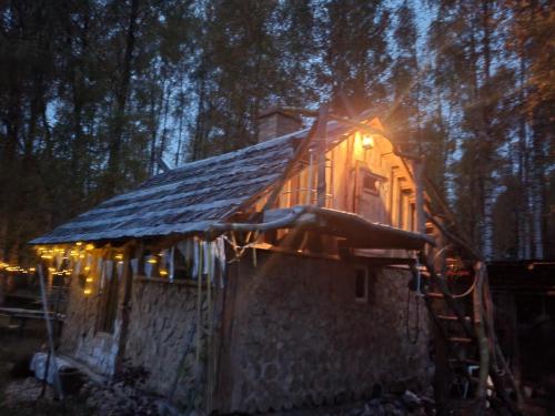 una pequeña casa en el bosque por la noche en Baltās Raganiņas pirts en Sabile