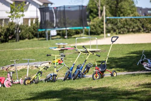 a group of childrens tricycles parked in the grass at Ramios bitės in Palanga