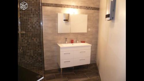 une salle de bain avec un lavabo blanc et une douche dans l'établissement L’escapade, à Catllar