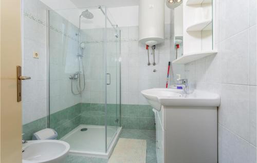 uma casa de banho com um chuveiro, um lavatório e um WC. em Lovely Apartment In Krk With Kitchen em Brzac
