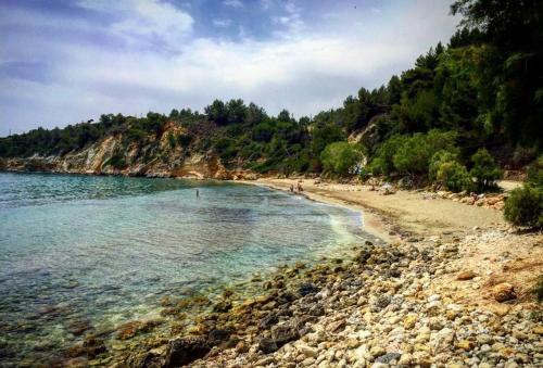 a beach with a rocky shore and the ocean at The Cerulean Villa - The Concord Of Blue And Green in Mousata