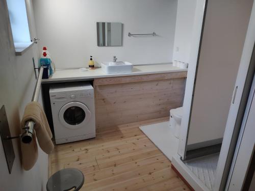 a bathroom with a washing machine and a sink at Villa Bamboo in Maleme