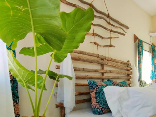 a large green plant sitting on top of a bed at Palm Paradise Loft in Diani Beach
