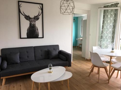 sala de estar con sofá negro y 2 mesas en Chambre dans appartement lumineux, en Mont-Saint-Aignan