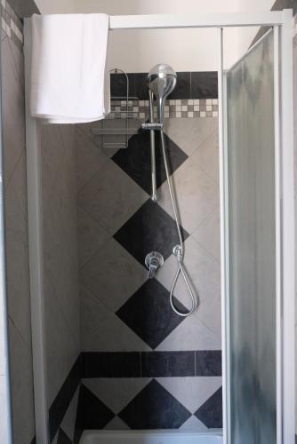 a shower with a black and white checkered floor at ADRIA ART APARTMENTS 1 in Adria