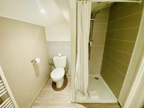 a small bathroom with a toilet and a shower at ''L'Amandier'' Cosy T2 en coeur de ville, climatisé in Sète