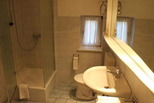uma casa de banho com um lavatório, um WC e um chuveiro em Ferienwohnung Niemann in Lutterloh em Unterlüß