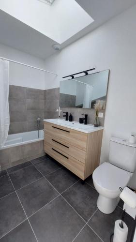 a bathroom with a toilet and a sink and a mirror at Gite Choroby in Bardos