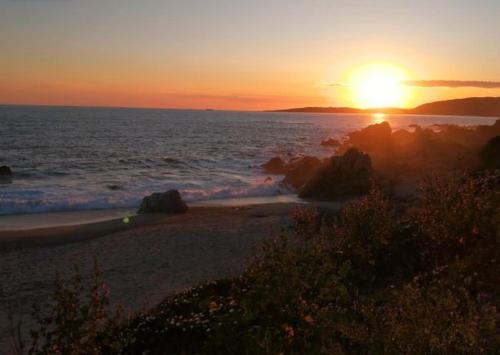 a sunset on a beach with the sun setting over the ocean at MAISON ALBA ROSSA 55 in Serra-di-Ferro