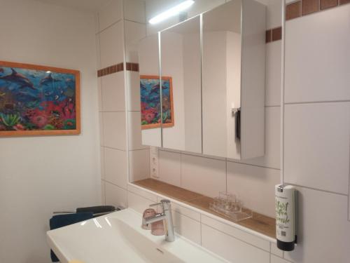 ein Bad mit einem Waschbecken und einem Spiegel in der Unterkunft Hotel-Restaurant Goldenes Lamm in Dinkelsbühl
