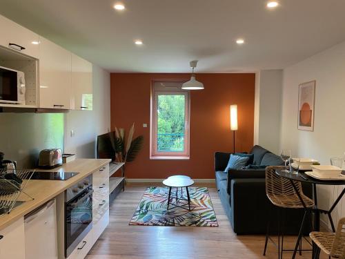 une cuisine et un salon avec un canapé et une table dans l'établissement Studio Le Cilaos, au cœur de Castres, à Castres