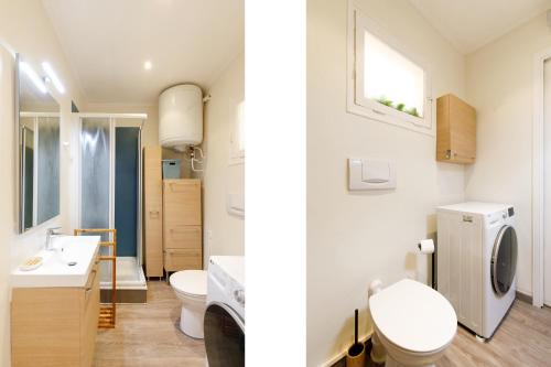 duas imagens de uma casa de banho com WC e lavatório em Les 3 Palmiers YourHostHelper em Cannes