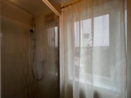 a bathroom with a shower and a window with a curtain at Cosy Studio - London in London