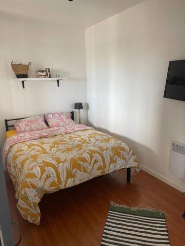 - une chambre avec un lit et une télévision sur du parquet dans l'établissement Proche des plages - Beau T2 climatisé, à Narbonne