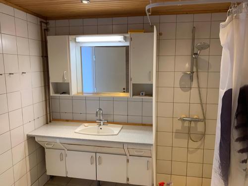 a bathroom with a sink and a mirror at Dejlig og et godt hus, Hotel in Sisimiut