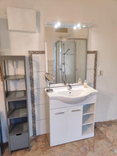een badkamer met een witte wastafel en een spiegel bij FeWo Bad Kösen Loreleypromenade in Bad Kösen