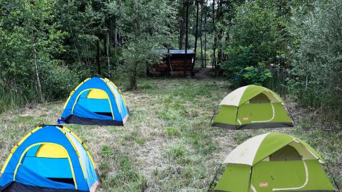 a group of three tents in a field at Relax u rybníčku in Hajniště