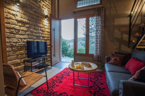 a living room with a couch and a tv at Acorn's Houses, Gray and Green Acorn in Kalloní