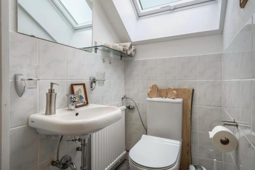 a bathroom with a sink and a toilet and a skylight at Straub in Meckenbeuren