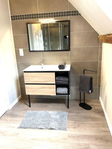 une salle de bain avec un lavabo et un miroir dans l'établissement Gîte du Grand Cellerier, à Hautvillers