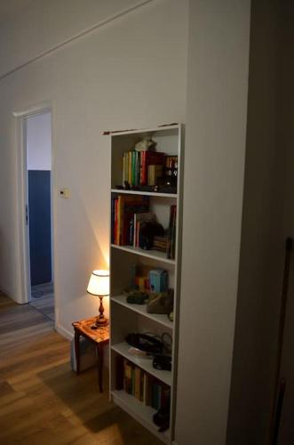 a book shelf with books and a lamp on a table at Belvedere di Ancona in Ancona