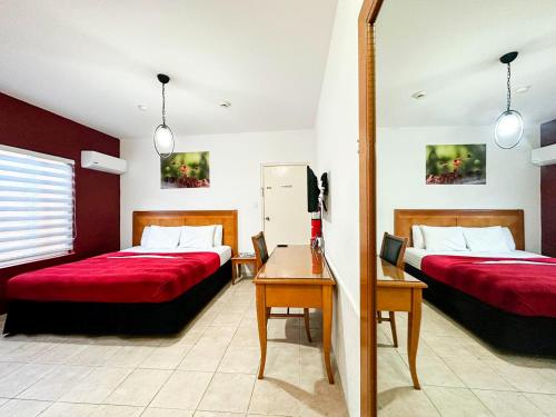 um quarto de hotel com duas camas e um espelho em Ladybugs Apartments em Palm-Eagle Beach