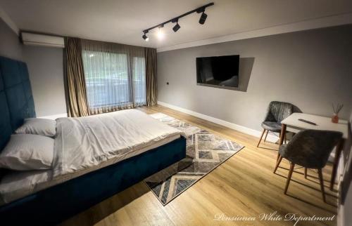 a bedroom with a bed and a table and a desk at Pensiunea White Department in Vlădeşti