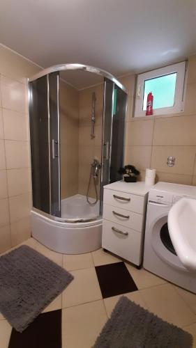 een badkamer met een douche, een wastafel en een wasmachine bij Apartman Mi-Bel in Zagreb
