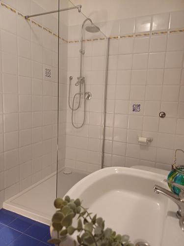 uma casa de banho com um chuveiro e uma banheira em The sea road house em Génova