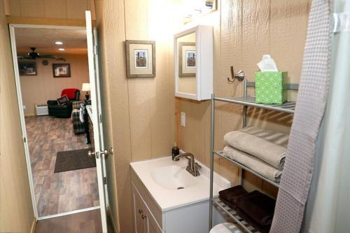 a small bathroom with a sink and a mirror at Private Hot tub-Lakefront-Deer Lodge in Commerce